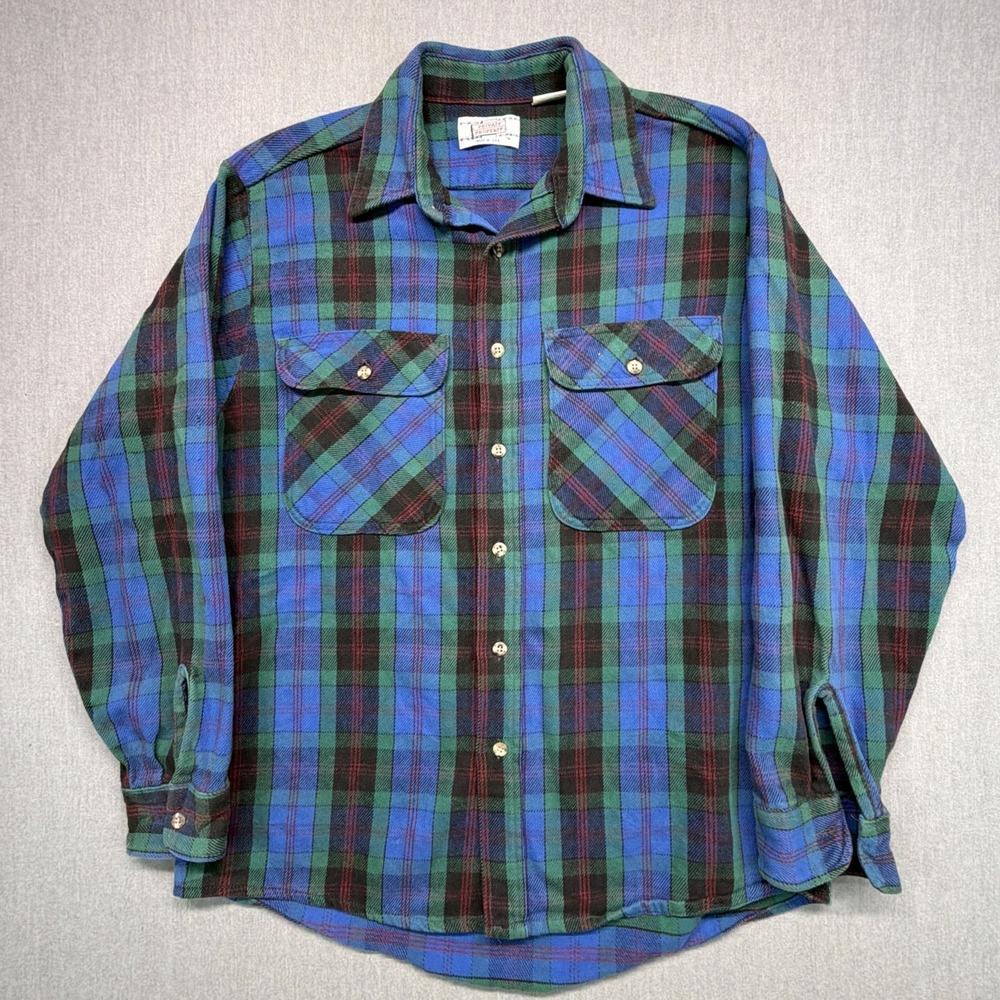 VTG 90s Private Property Large Flannel Blue Green Plaid Grunge Made In USA L